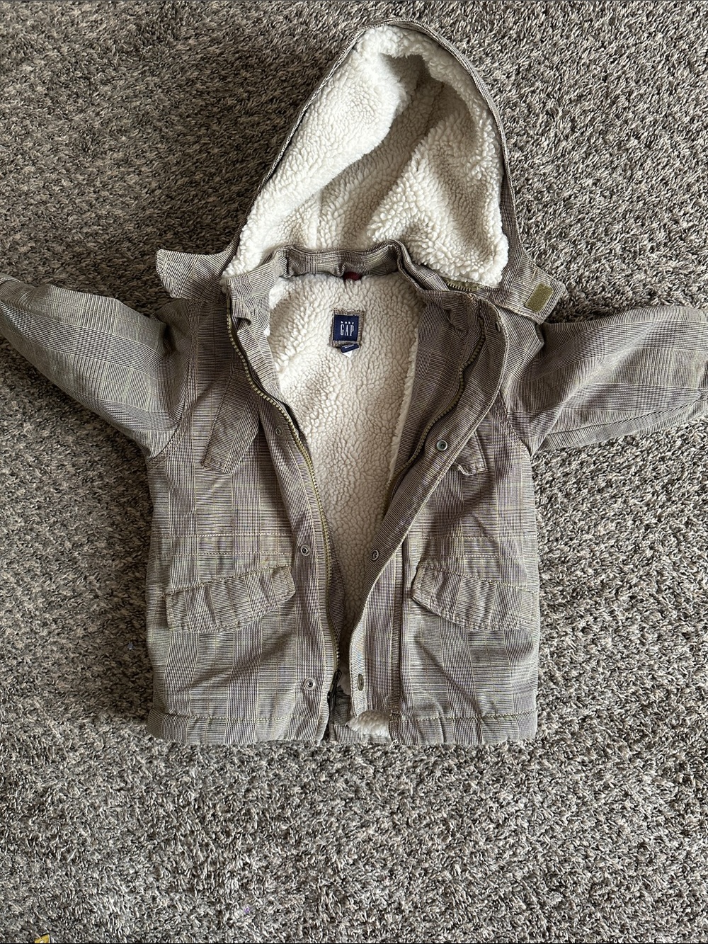 GAP Kids Plaid Hooded Jacket with Sherpa Lining in Gray